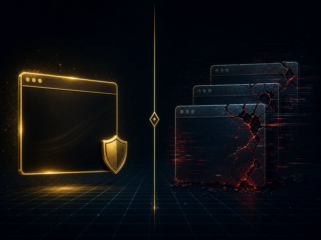 One authentic gold-framed browser window beside three cracked glitching counterfeit copies
