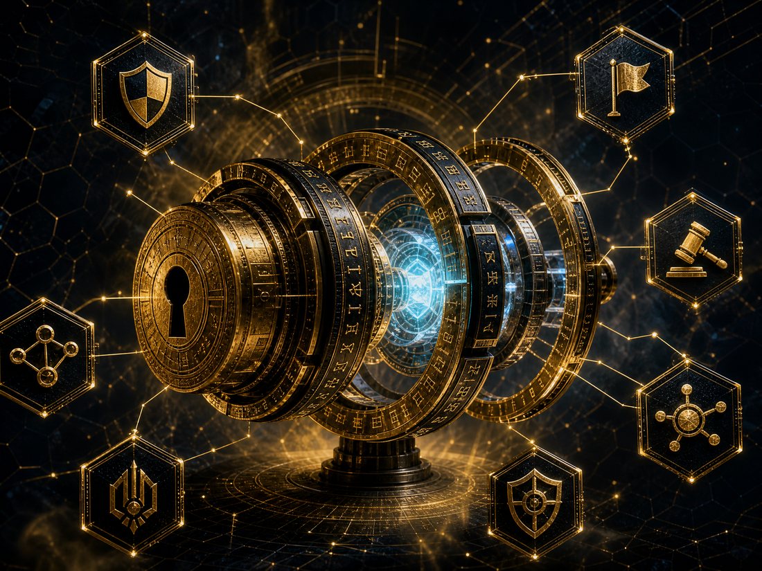 Exploded gold rune-etched lock mechanism linked to hexagonal enforcement nodes