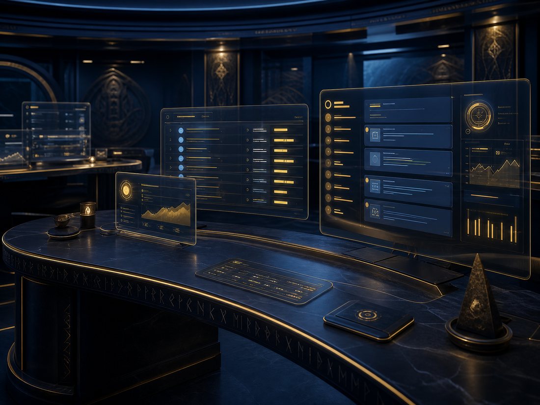Dark support operations desk with holographic report queues in gold and blue