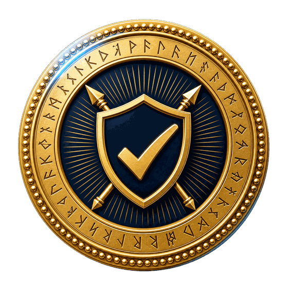 Gold verification seal with a shield and checkmark